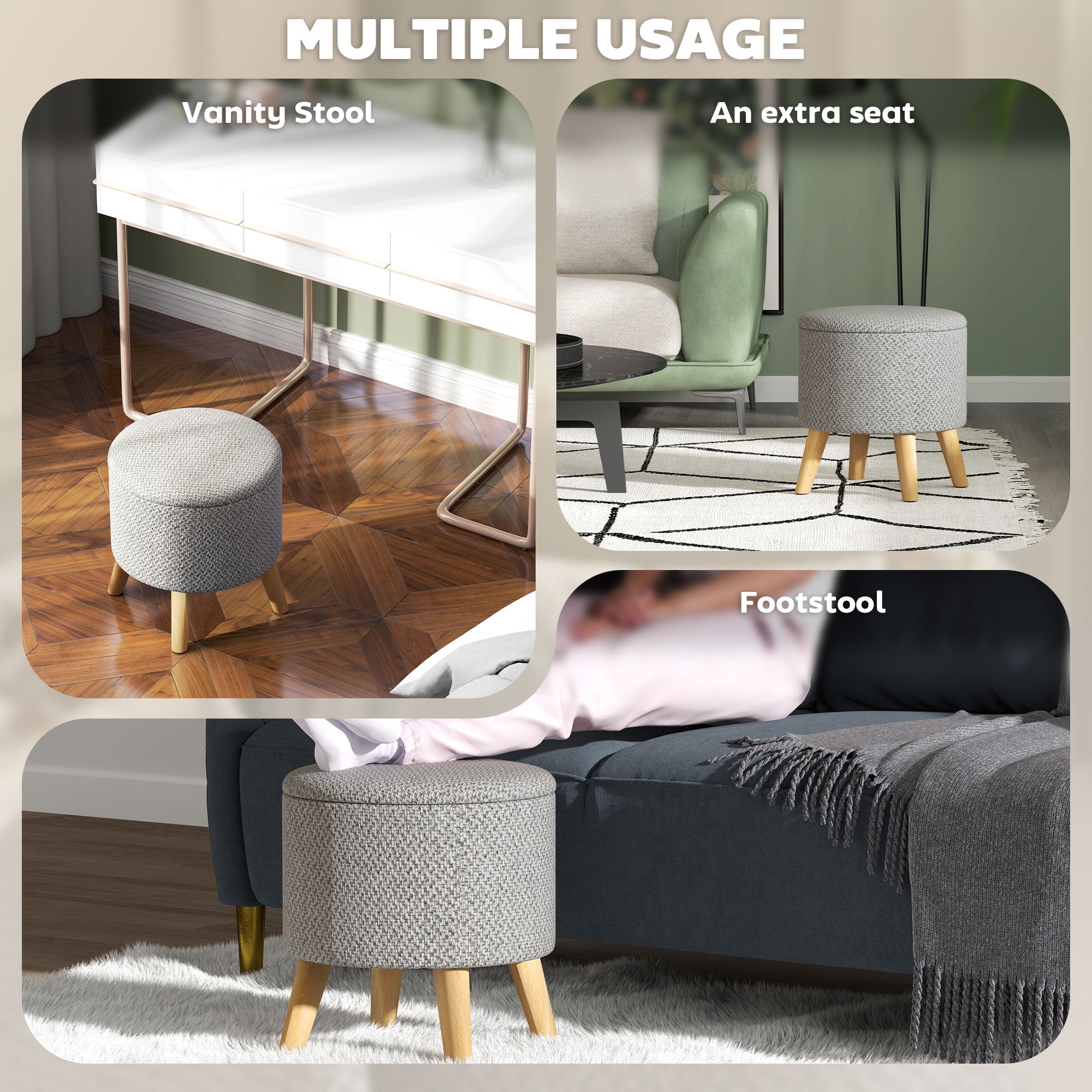 HOMCOM Storage Ottoman, Round Footstool with Linen Feel Fabric Upholstery, Removable Top, Hidden Space and Wood Legs for Living Room, Light Gray