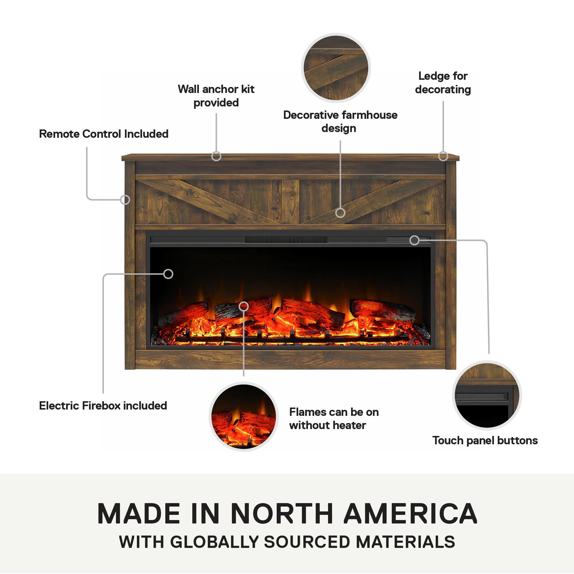 Woven Paths Scandi Farmhouse Wide Modern Farmhouse Mantel with Electric Fireplace, Rustic