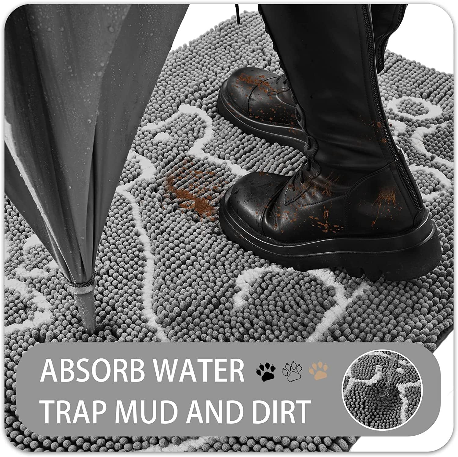 Dwelke Indoor Door Mat Entryway Rug Chenille Mats for Muddy Shoes Dogs Bathroom Mats With Non-Slip Backing Machine Washable Durable Rug,20"x30",Gray