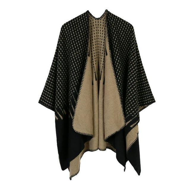 Womens Simple Tassel Pattern Jacquard Split Two Sides Versatile Fashion Imitation Poncho Windproof Warm Fashion Cape Cape Cardigan Shawl