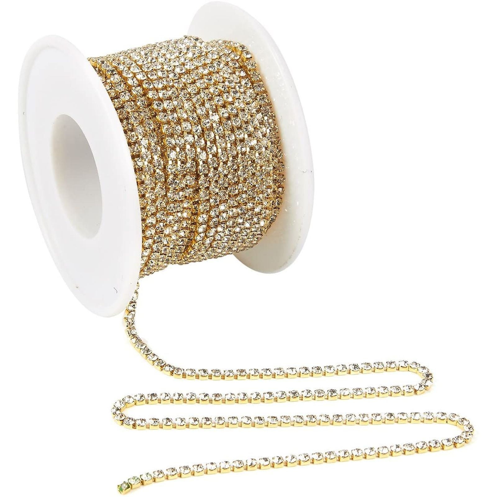 Rhinestone Chain - 11-Yard Crystal Rhinestone Close Chain Trimming Claw Chain, Crystal Bead Chain - Craft and Decoration Chain, Gold, 2mm Crystals, Total 393.7 inches