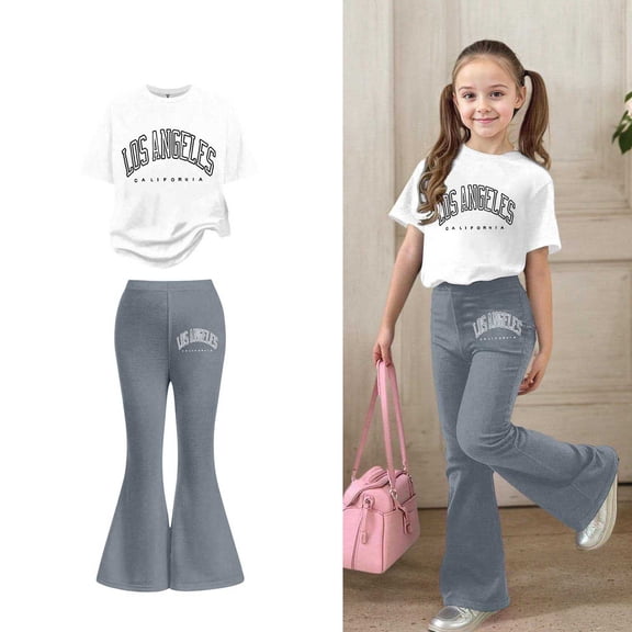Two Piece Set for Girls Short Sleeve Letter Print T-Shirt Top and Flared Pants Set Spring Clothes Outfits for Girls 12-13 Years