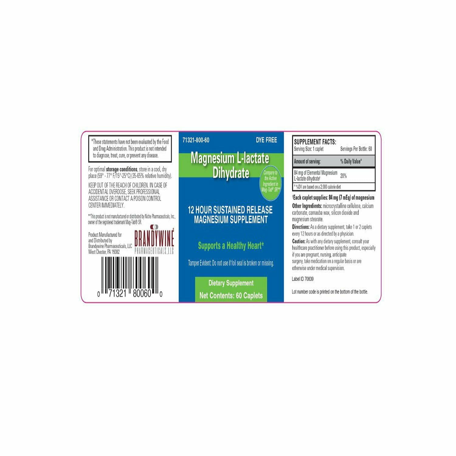 Brandywine Magnesium L-lactate Dihydrate 84mg Caplet, 60 Ct