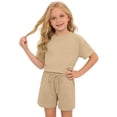 thumbnail image 5 of LIIPEE Girls Outfit Sets Casual Solid Color Loose Fit Short Sleeve Crew Neck Tee Tops Pockets Drawstring Shorts 2 Piece Set Kids Children Comfortable Breathable Cute Clothing,Khaki,11-12 Years, 5 of 6