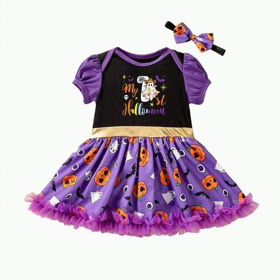 mgoYE Toddler Baby Girl Pumpkin Printed Tutu Dress Long Sleeve Skirt Outfits Clothes with Headband|Dark Purple 1-3 Months