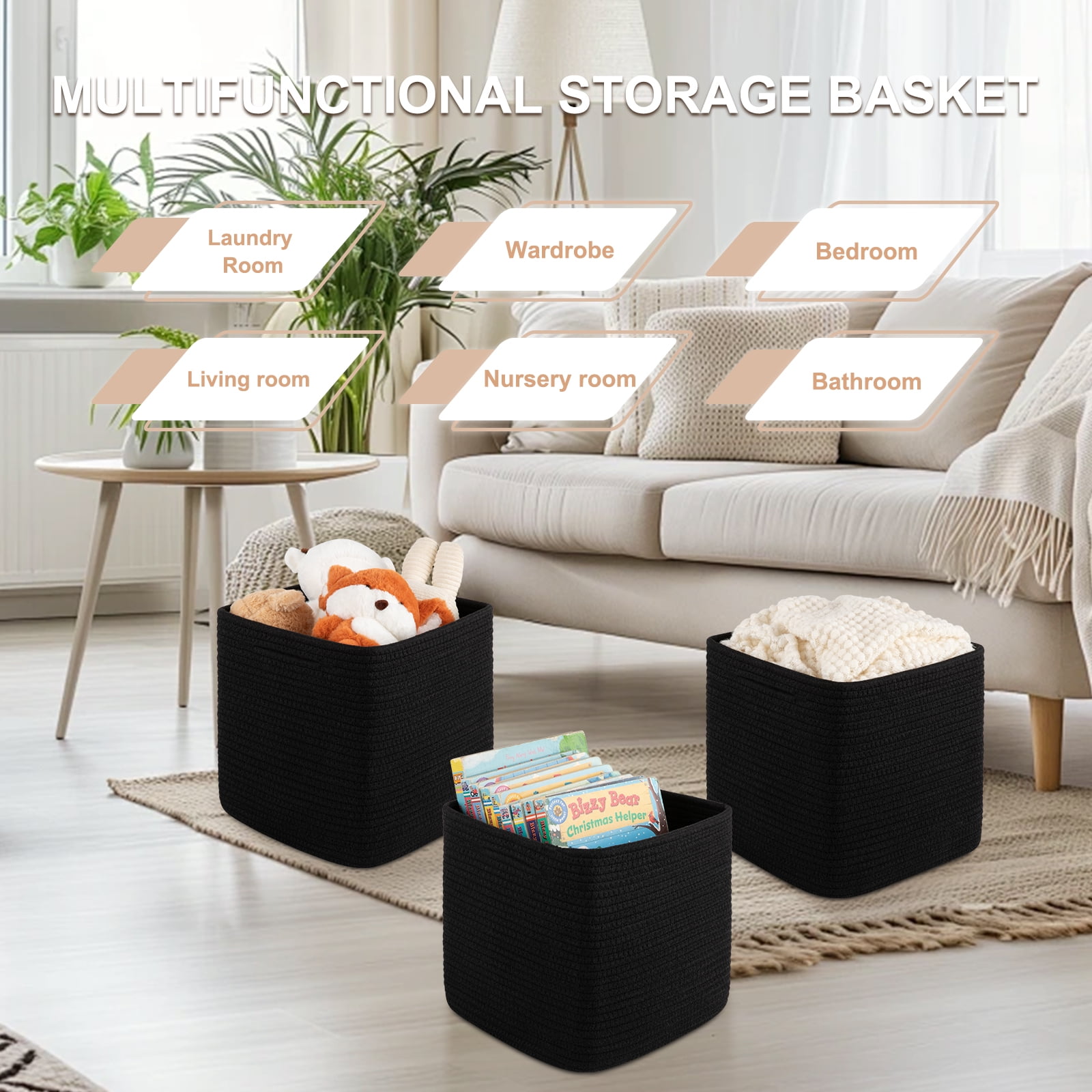 CHERISHGARD 3 Pieces Cube Storage Baskets，Square Woven Rope Basket，Square Baskets for Organizing