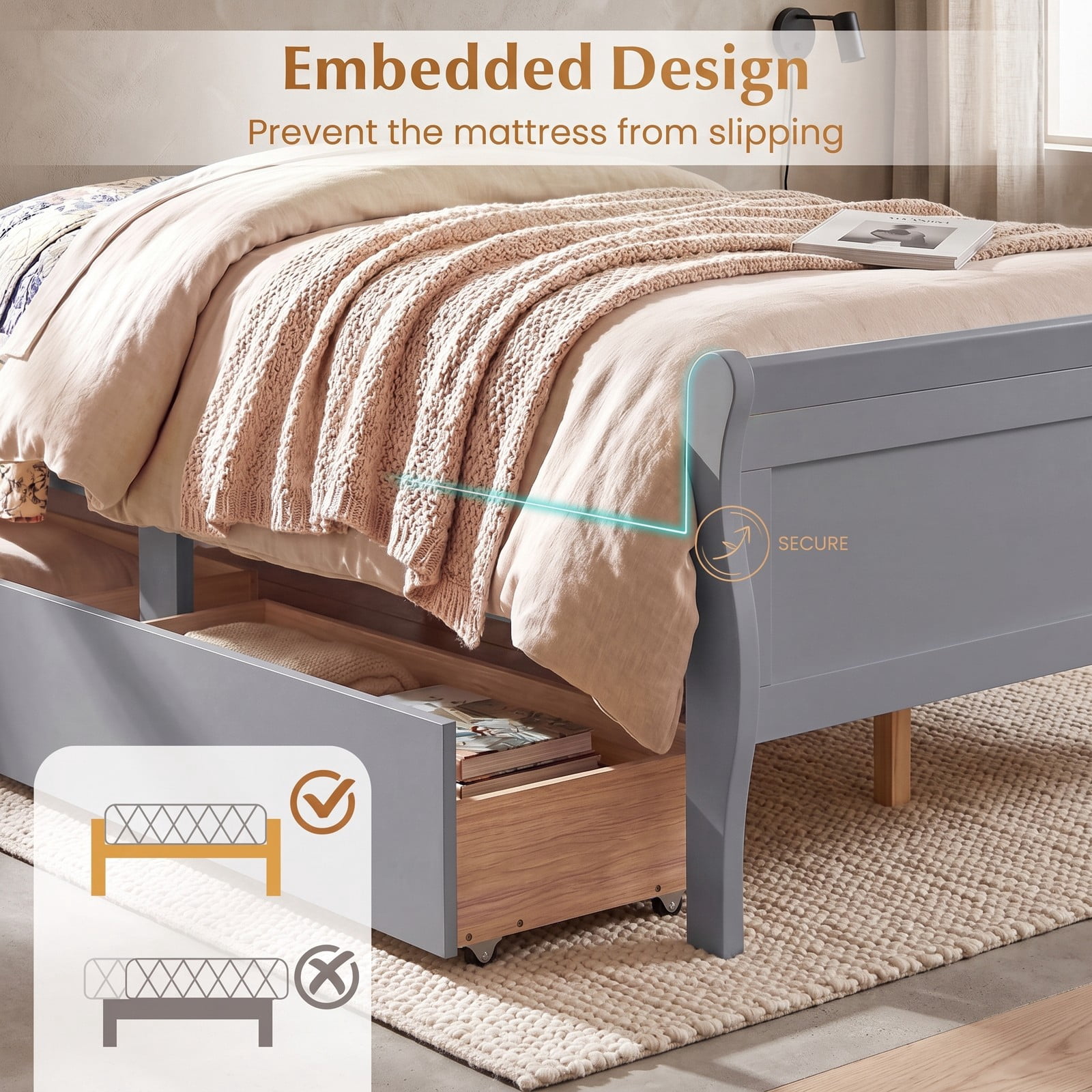 Furnibear Queen Bed Frame, Wood Bed Frame with 2 Storage Drawers Headboard and Footboard, Queen Bed Frame with Headboard for Bedroom, Gray
