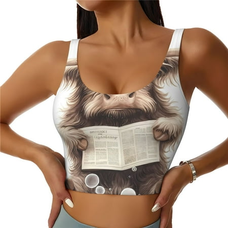 Adobk Relaxed Cute Cow Reading Print Sports Bras for Women Longline Workout Crop Tank Tops Padded with Built in Shelf Padded Sports Bra-XX-Large