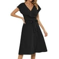 thumbnail image 3 of HUBERY Women V Neck Ruffle Short Sleeve Tie Waist Flowy Hem Solid Color Midi Dress, 3 of 7