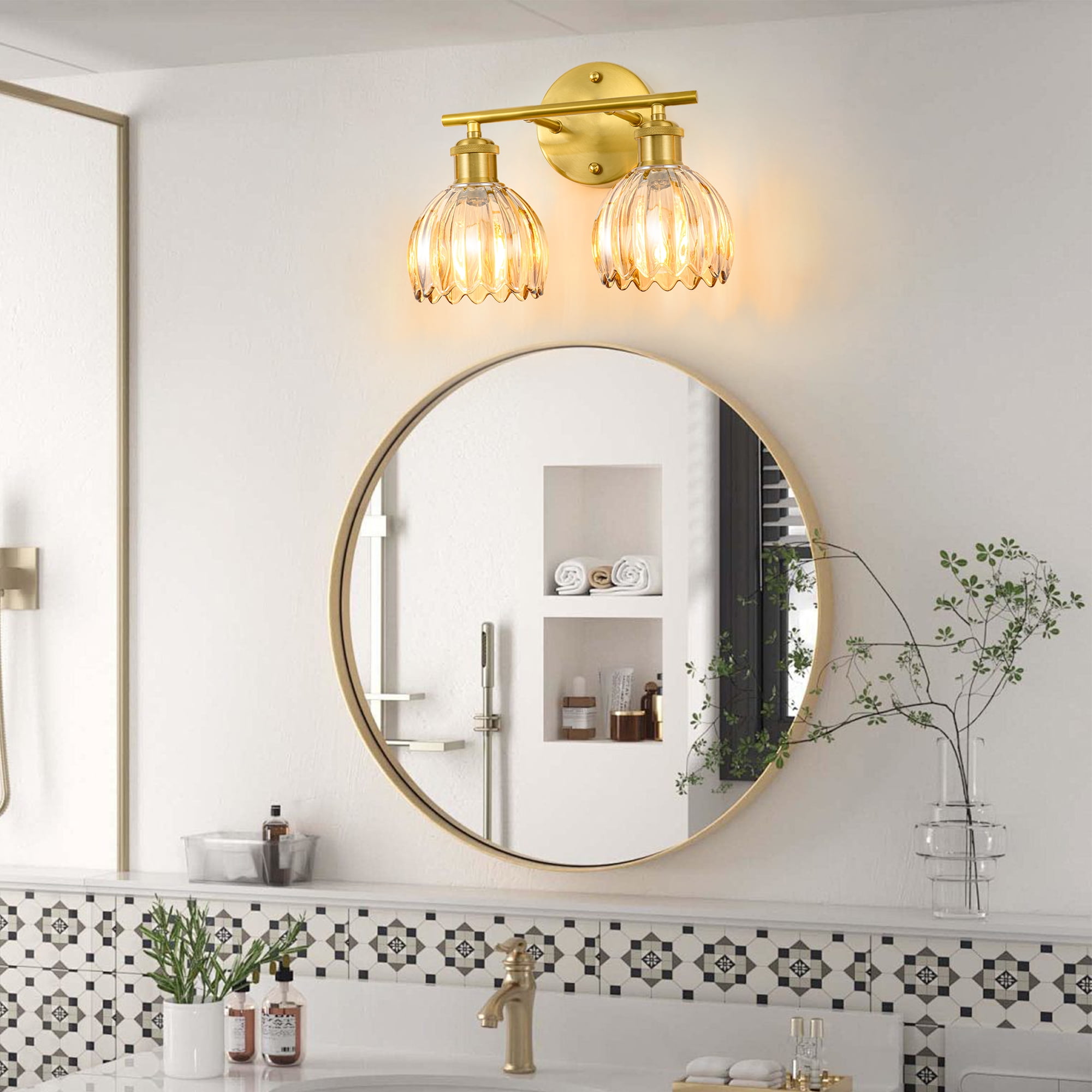 GCGAFUL Modern Gold Bathroom Vanity Light Fixtures, 12 in. 2-Light Bathroom Lights Fixtures Over Mirror with Amber Tulip Glass Shade