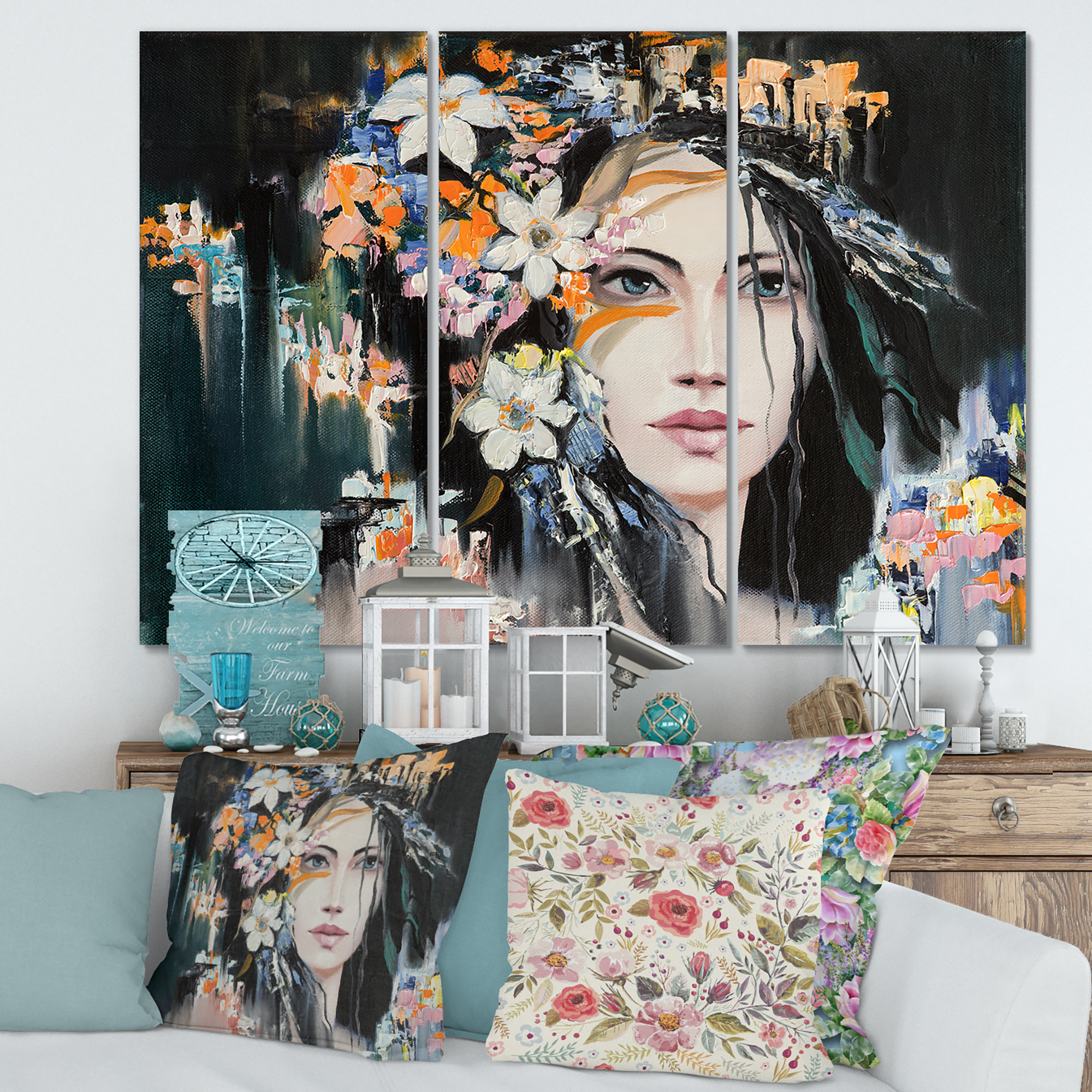 Designart ' Portrait Of A Young Woman With Flowers I ' Modern Canvas Wall Art Print