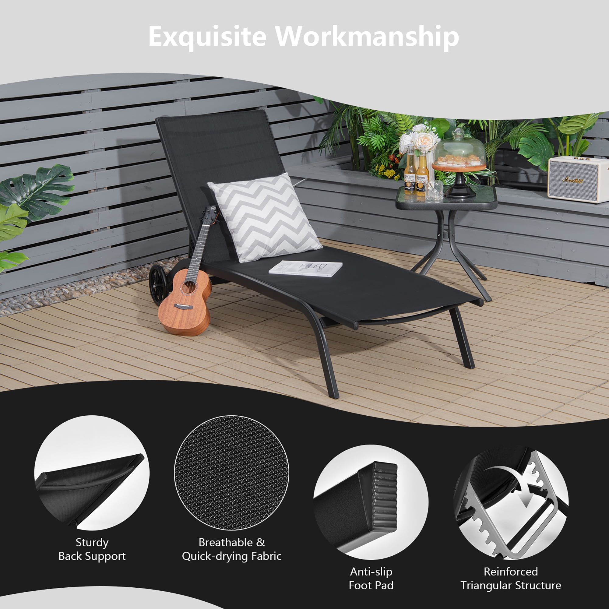 Costway Outdoor Adjustable Chaise Lounge Patio 6 Position Recliner with Wheels Black