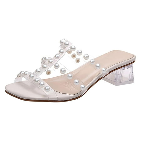

Juebong Women Slippers Summer Square Head Open Toe Bead Transparent Flat Bottom Sandals Beige Size 7.5