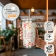 thumbnail image 4 of Christian Art Gifts Reusable Stainless Steel Scripture Travel Mug Tumbler w/Straw for Women: Be Still & Know, Double Wall Vacuum Insulated, Pop-up Lid, Hot/Cold, White & Peach Multicolor Floral, 18 oz, 4 of 7