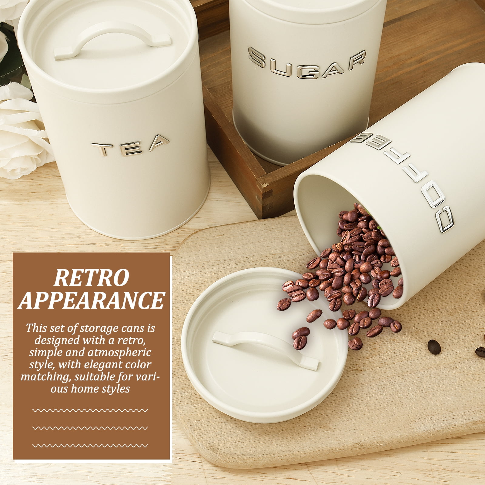 3 Pack Kitchen Canisters with Lids Airtight Metal Canister Set, Food Storage Containers Jars for Coffee, Sugar, Tea, Flour, Rustic Kitchen Decor Containers