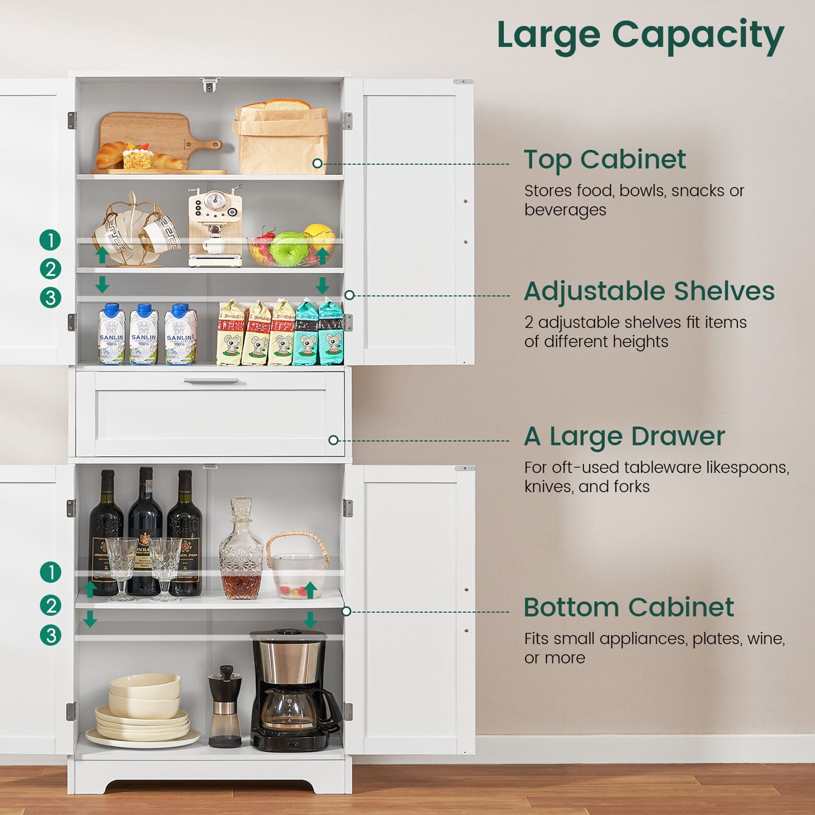 TEENFON Tall Kitchen Pantry Storage Cabinet, Freestanding Cupboard with 1 Large Drawer, for Dining Room, Living Room, Laundry, White