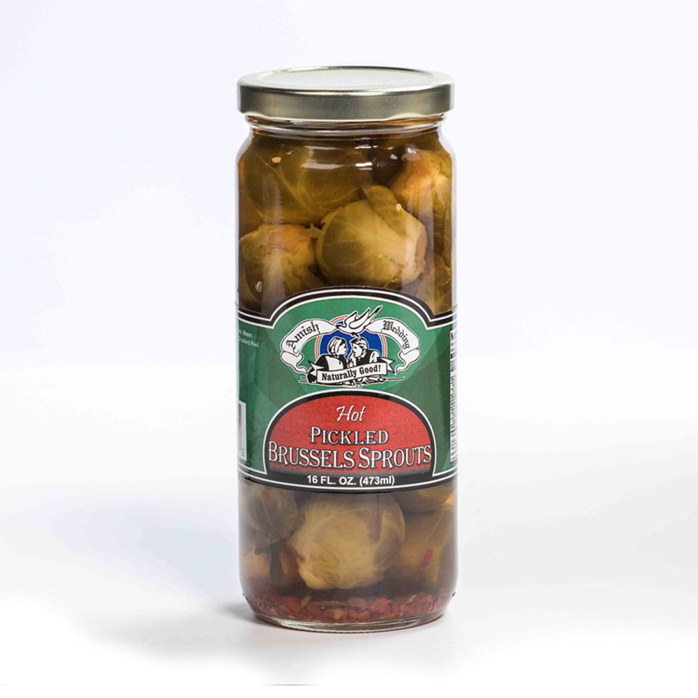 Amish Wedding Hot Pickled Brussel Sprouts, Two 16 oz Glass Jars