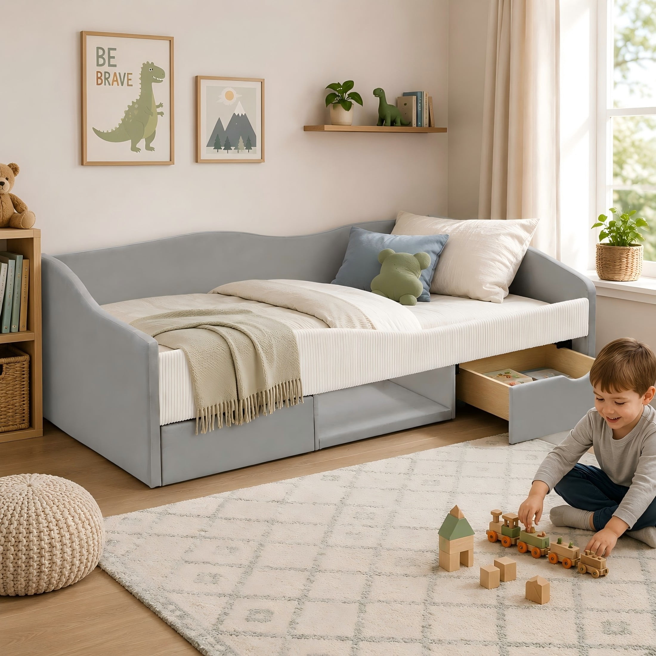 Aukfa Twin Size Upholstered Daybed with 2 Storage Drawers, Shelf and Curved Guardrails, Velvet Bed Frame, Gray