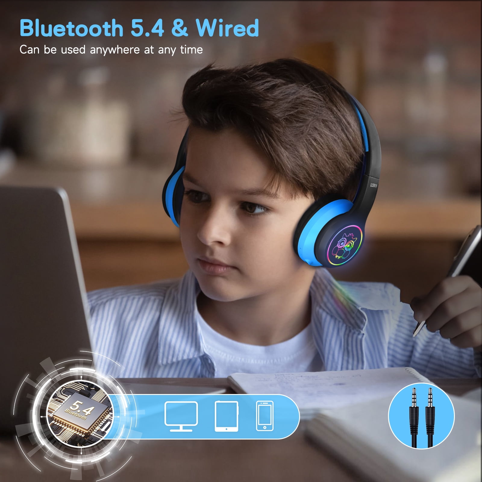 LOBKIN Kids Wireless Headphone Fashion Cute Headset for Girls Boys School/Travel/Tablet,Blcak