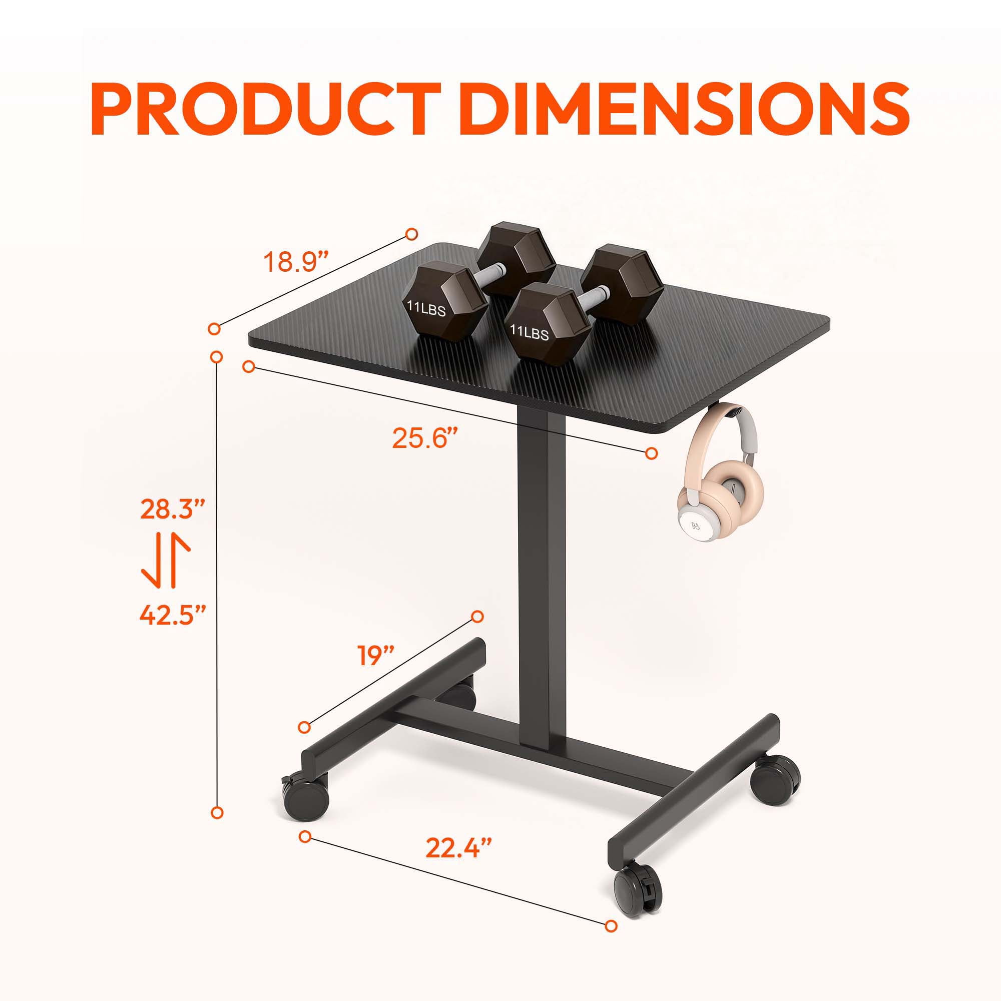 26"×19" Carbon Fiber Mobile Height Adjustable Desk, Gas Spring Sit-Stand Mini Desk with Lockable Casters & Headphone Hook, H-Shape Steel Base