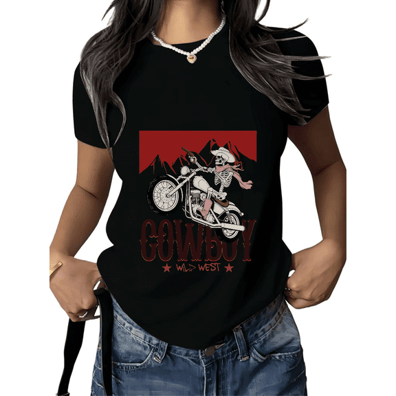 Cozymy Women's Retro Western Skeleton Biker Cowboy Short Sleeve T-Shirt Cotton Casual Tee