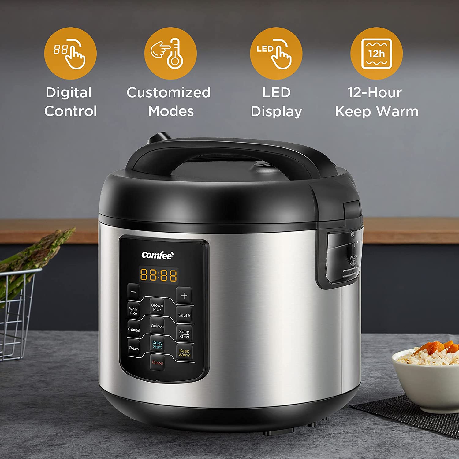Multifunctional Rice Cooker 10 Cup Uncooked/20 Cup Cooked, 5.2 Qt Large Capacity with 8 One-Touch Programs