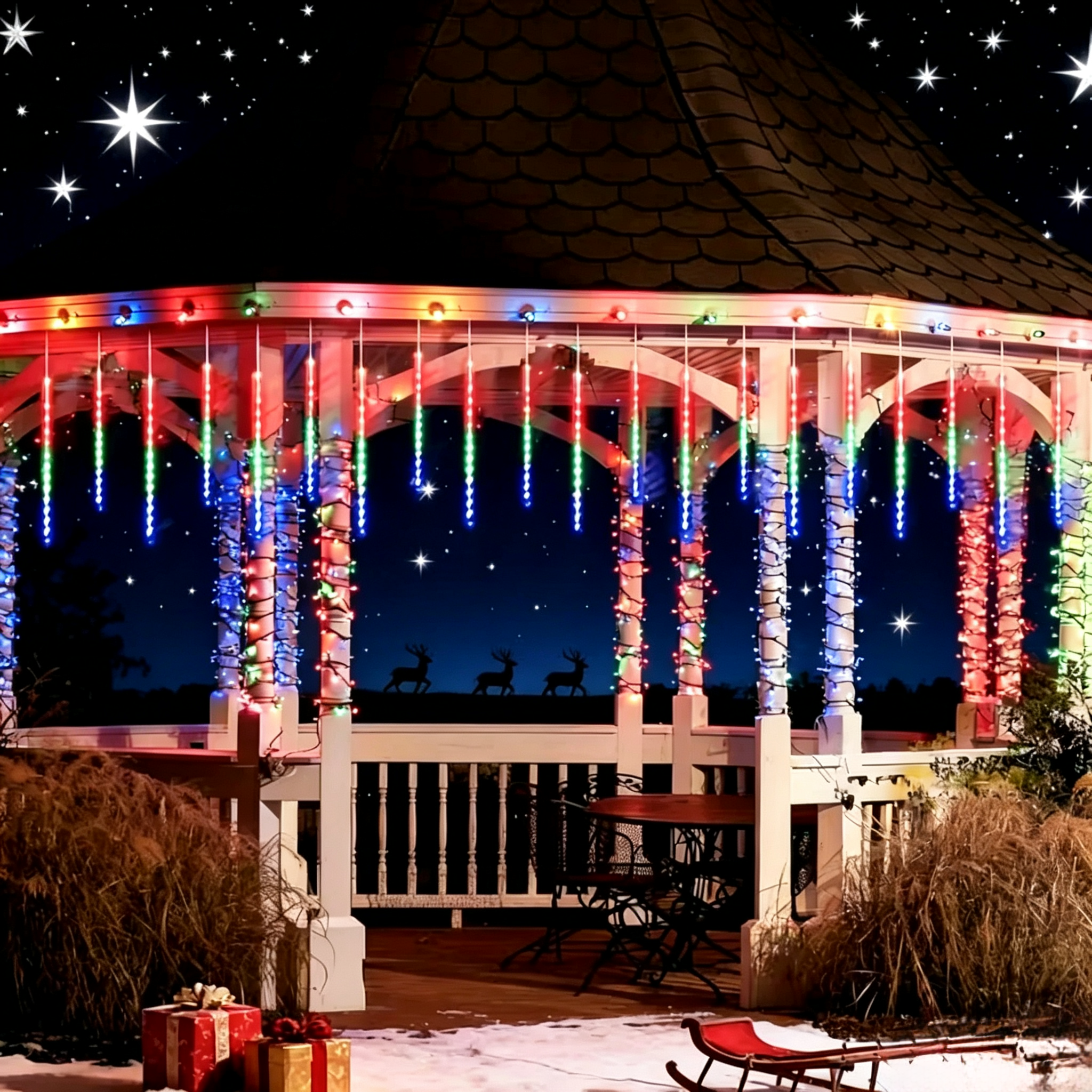 Blue Meteor Shower Light, Outdoor Solar Powered Icicle Light, Snowflake Falling Rain String Light, Christmas Tree Light, 10 Tubes, 11.8 Inches, 300 Led, Suitable For Halloween, Holiday Parties