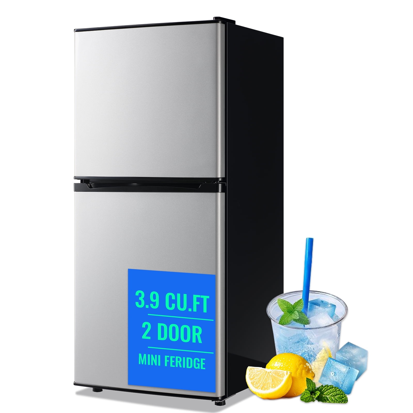 TACOOL Apartment Size Mini Fridge Dual Door 3.95Cu.ft Dorm Refrigerator, Silver, New