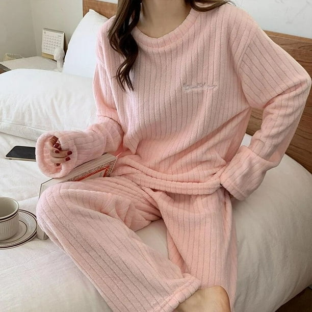 Pijama de franela cálida para mujer, conjunto de ropa de dormir holgada, gruesa, de terciopelo Coral, con estampado bonito, para Otoño e Invierno