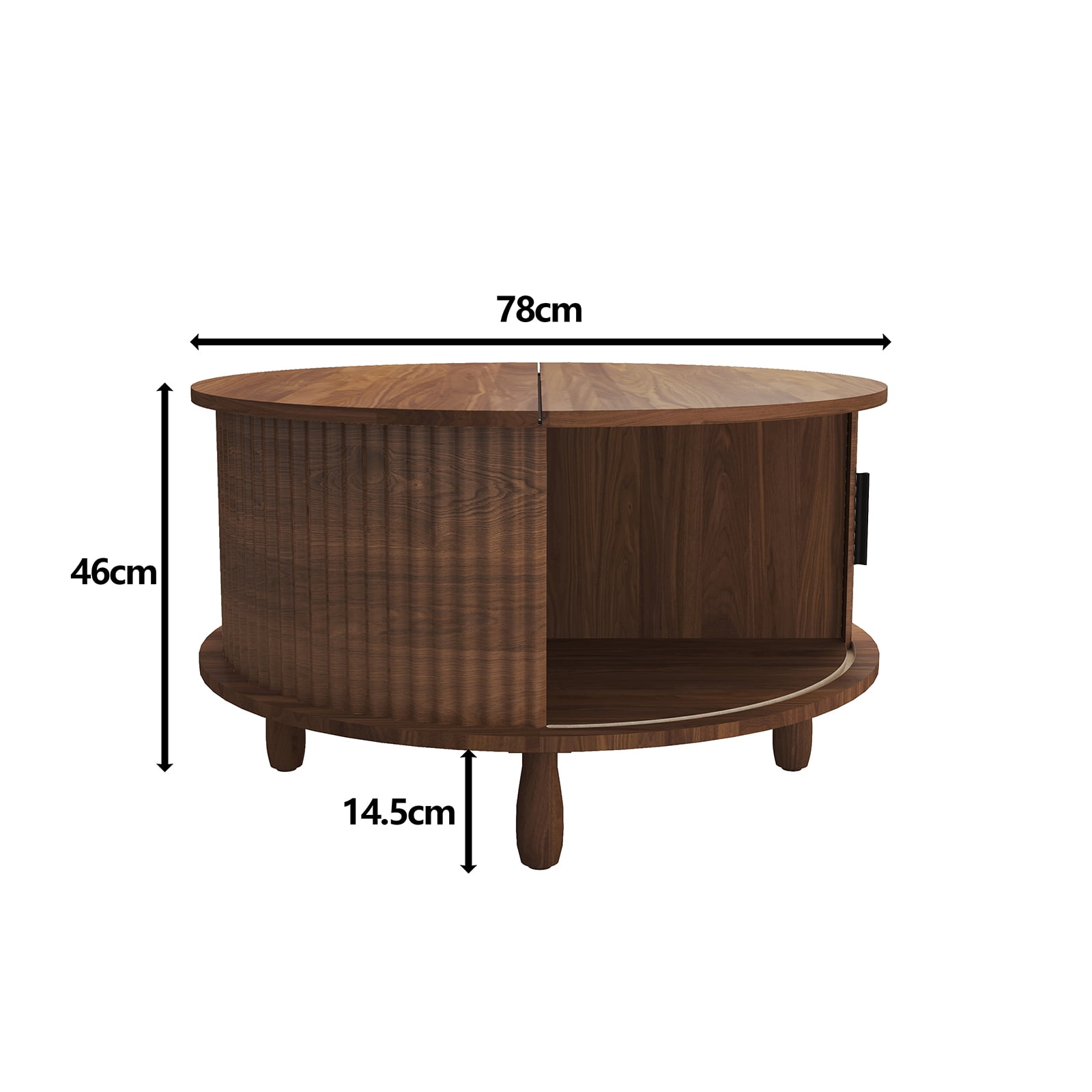 Strafriture Round Coffee Table with Storage, 30.7" Modern Coffee Table with 360° Curved Sliding Door, Fluted Wood Coffee Table with Footpads, Round Center Table for Living Room, Walnut