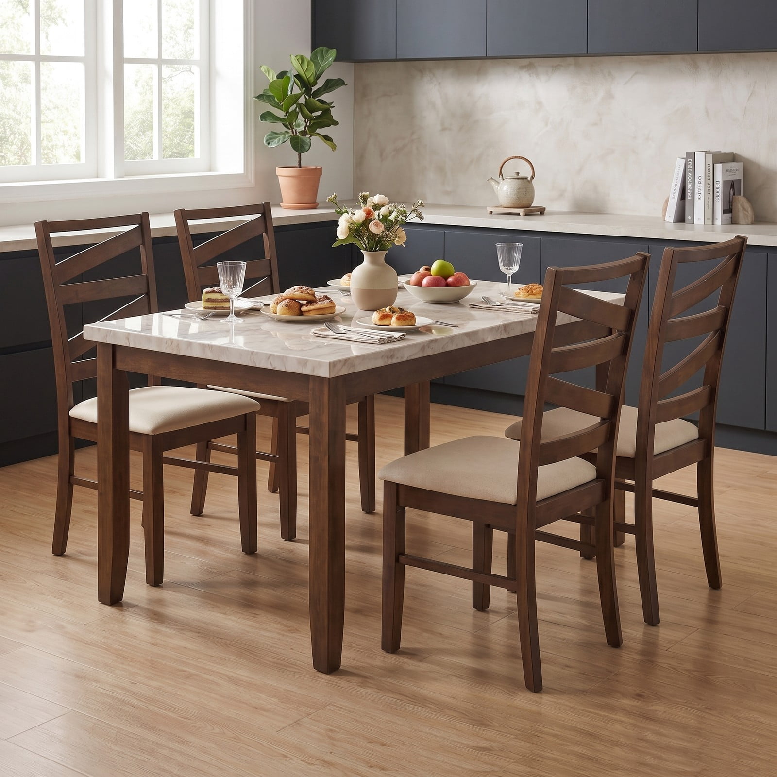 Furnibear Dining Chairs Set of 2, Upholstered Linen Fabric Farmhouse Kitchen Chairs with Tall Backrests and Rubber Wood Frames, 330 lbs Capacity Side Chairs for, Brown