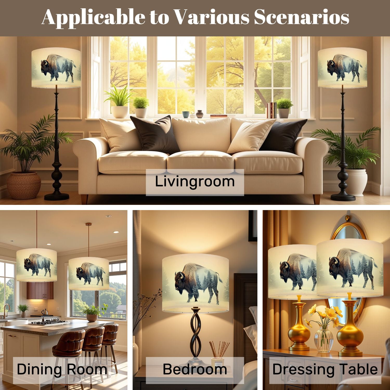 Lampshades 2 Pack exposure wild bison buffalo pine forest 13"x13"x10" Light Shade for Table Lamps Floor Lamps Drum Lamp Shades Lampshade Replacement Kids Bedroom Cabin Decor Easy Assembly