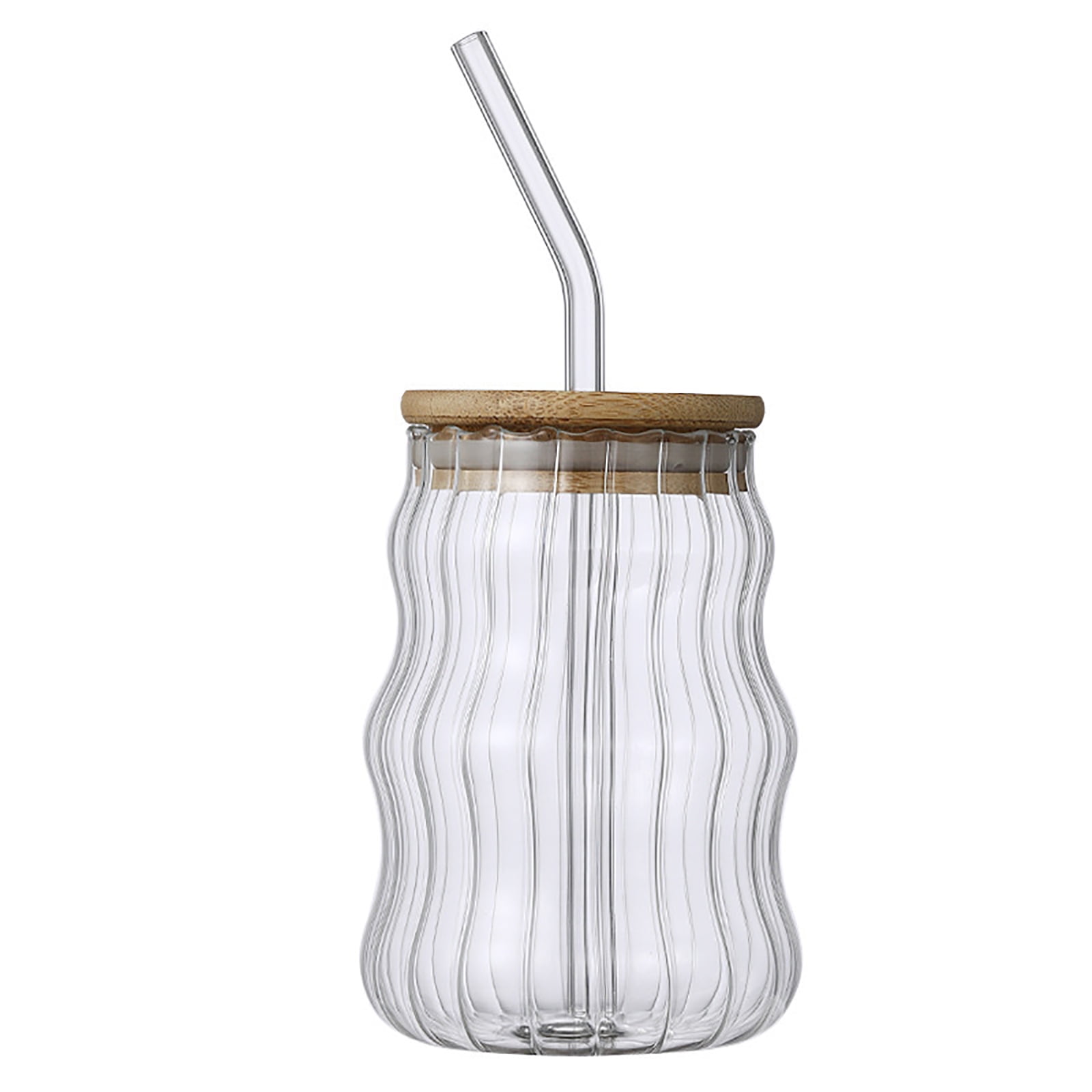Drinking Glasses with Bamboo Lids and Glass Straw 17oz Wave Shaped