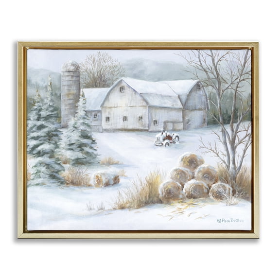 Stupell Industries Cottage Niveous Country Barn Snow Scene Gold Floating Frame Canvas Art, 21 x 17, by Pam Britton