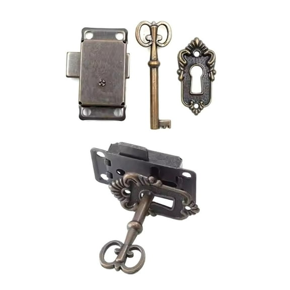 2 Set Practical Vintage Styles Skeletons Key Lock Antique Zines Alloy Finish for Decorative Cabinet and Drawer Use
