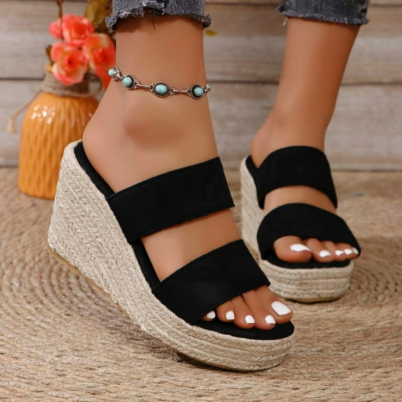 Womens Dress Sandals, Xunlbb Summer New Large Size Rope Bottom Wedge Heel Thick Sole Casual Beach Sandals(Black,Size:36)