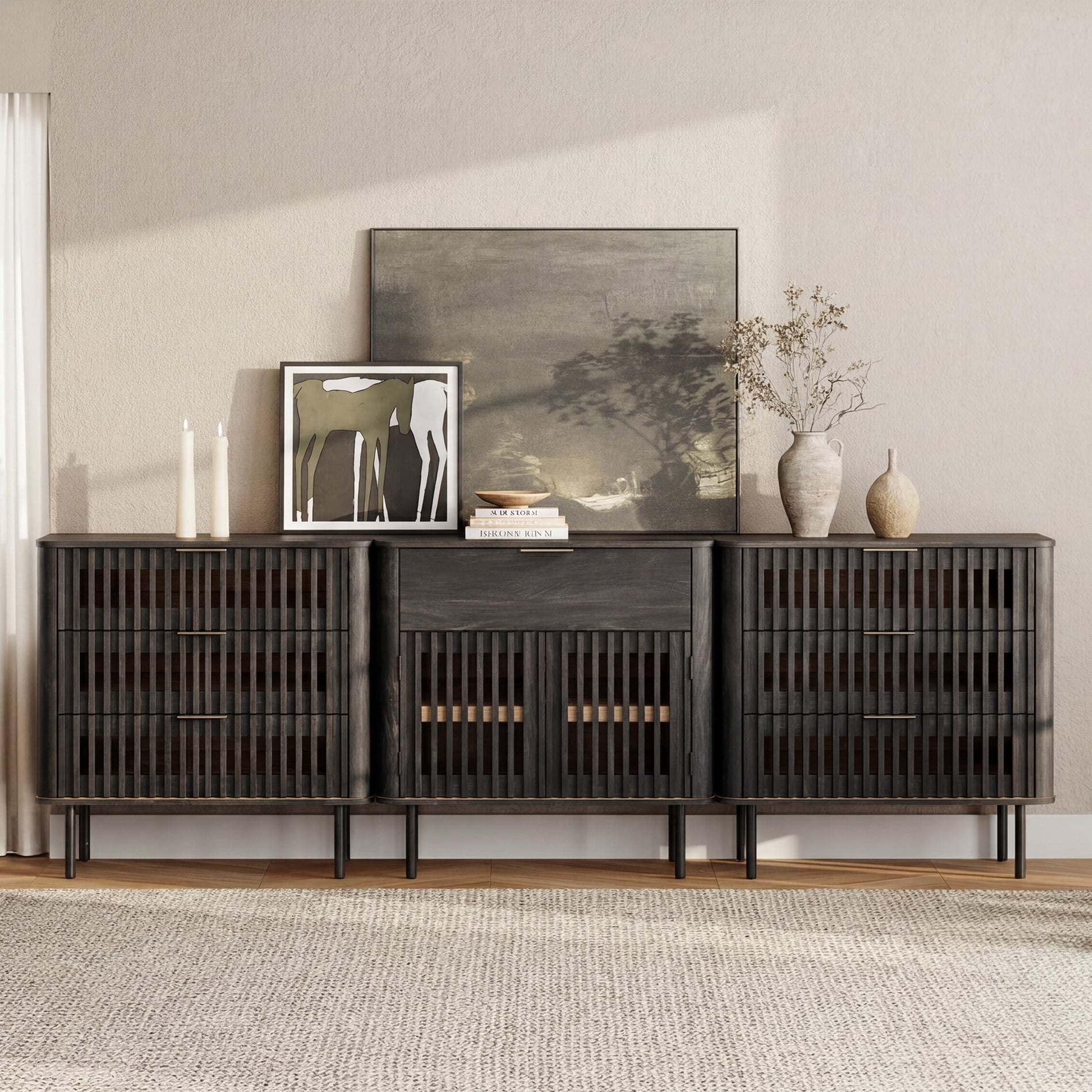 94.5" W Large TV Stand for 85 Inch TV, Wood Entertainment Center with Cabinets and Drawers, Mid-Century Modern Media Console for Living Room, Black