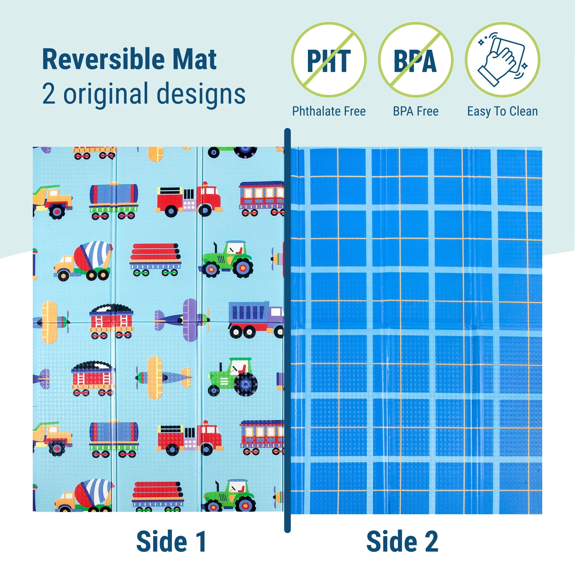 Wildkin Baby Play Mat - Large Folding Foam Play Mat for Infants, Babies, Toddlers, Waterproof, Double-sided (70" x 59") - Trains, Planes & Trucks