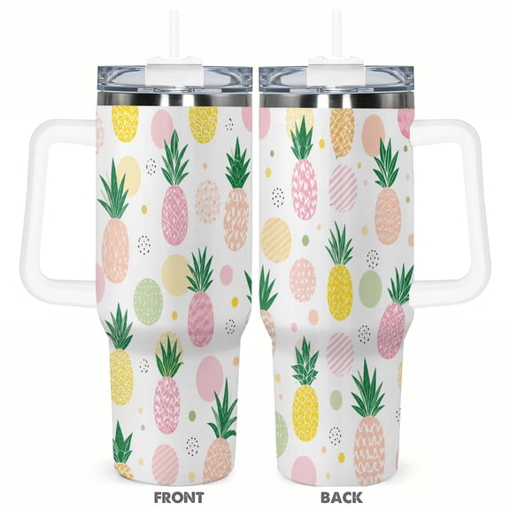 Cute Pineapple Pattern 40oz Insulated Tumbler Tropical Fruit Travel Cup with Handle and Straw Lid
