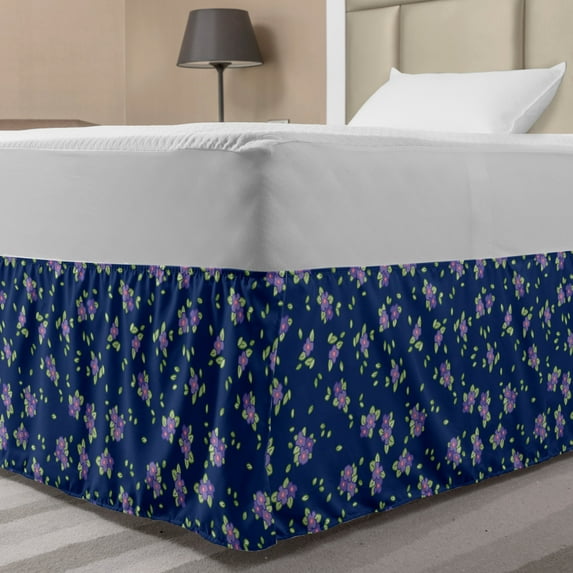 Violet Bed Skirt, Repetitive Multitude Pansy Viola Flowers Printing on Plain Backdrop, Elastic Bedskirt Dust Ruffle Wrap Around for Bedding Decor, 4 Sizes, Dark Blue and Multicolor, by Ambesonne