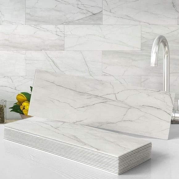 VAOVI Peel and Stick Backsplash Kitchen Tiles,Bathroom Wall Stickers Marble Tile Backsplash Individual Subway Tiles 3.9"x11.8"-16Tiles Web Gray