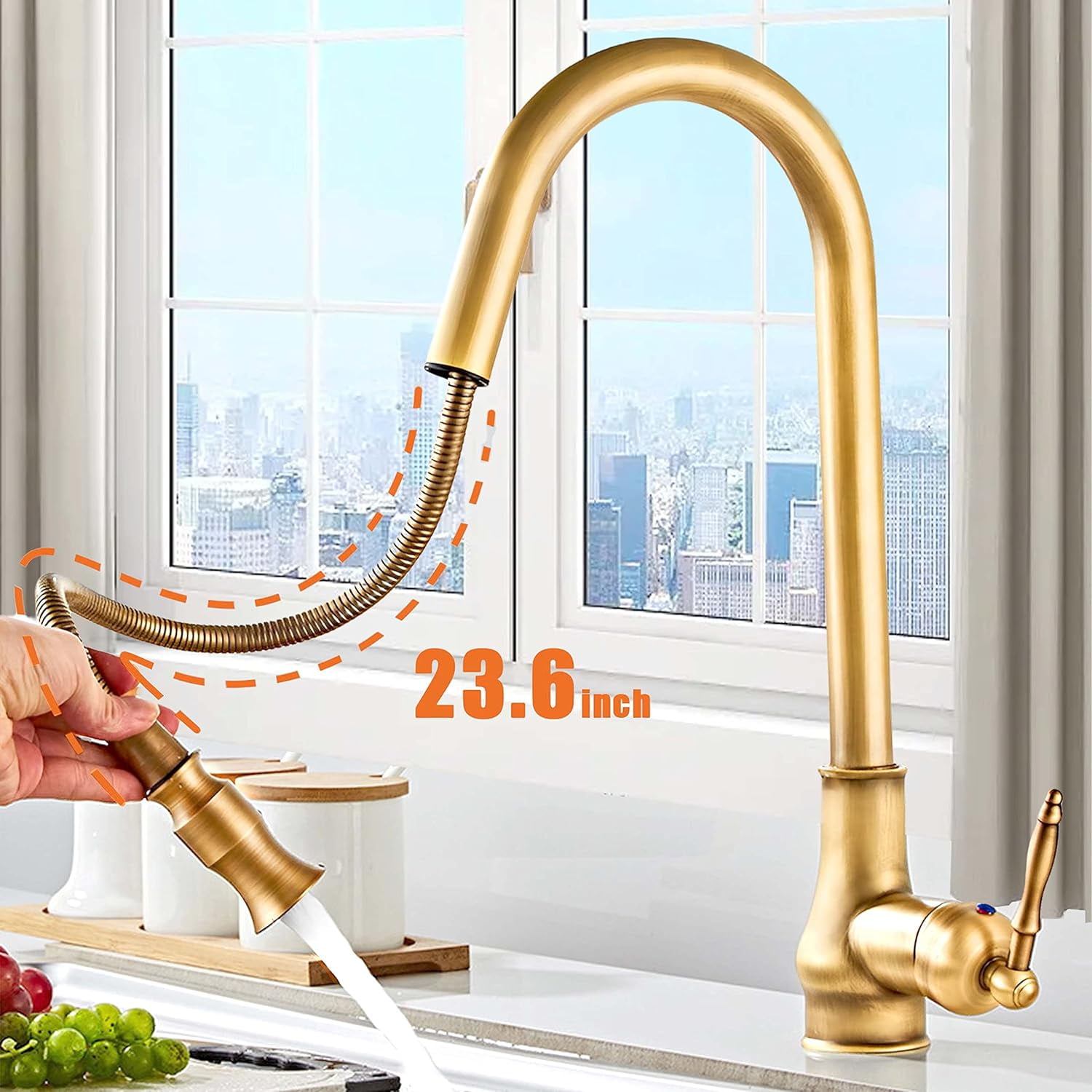Antique Brass Kitchen Faucet Pull Down Sprayer Single Handle Swivel Spout Mixer