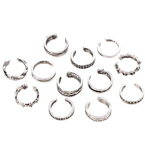 DESIGNICE 12pcs Fashion Simple Retro Carved Adjustable Toe Ring Foot Women Jewelry (Silver)