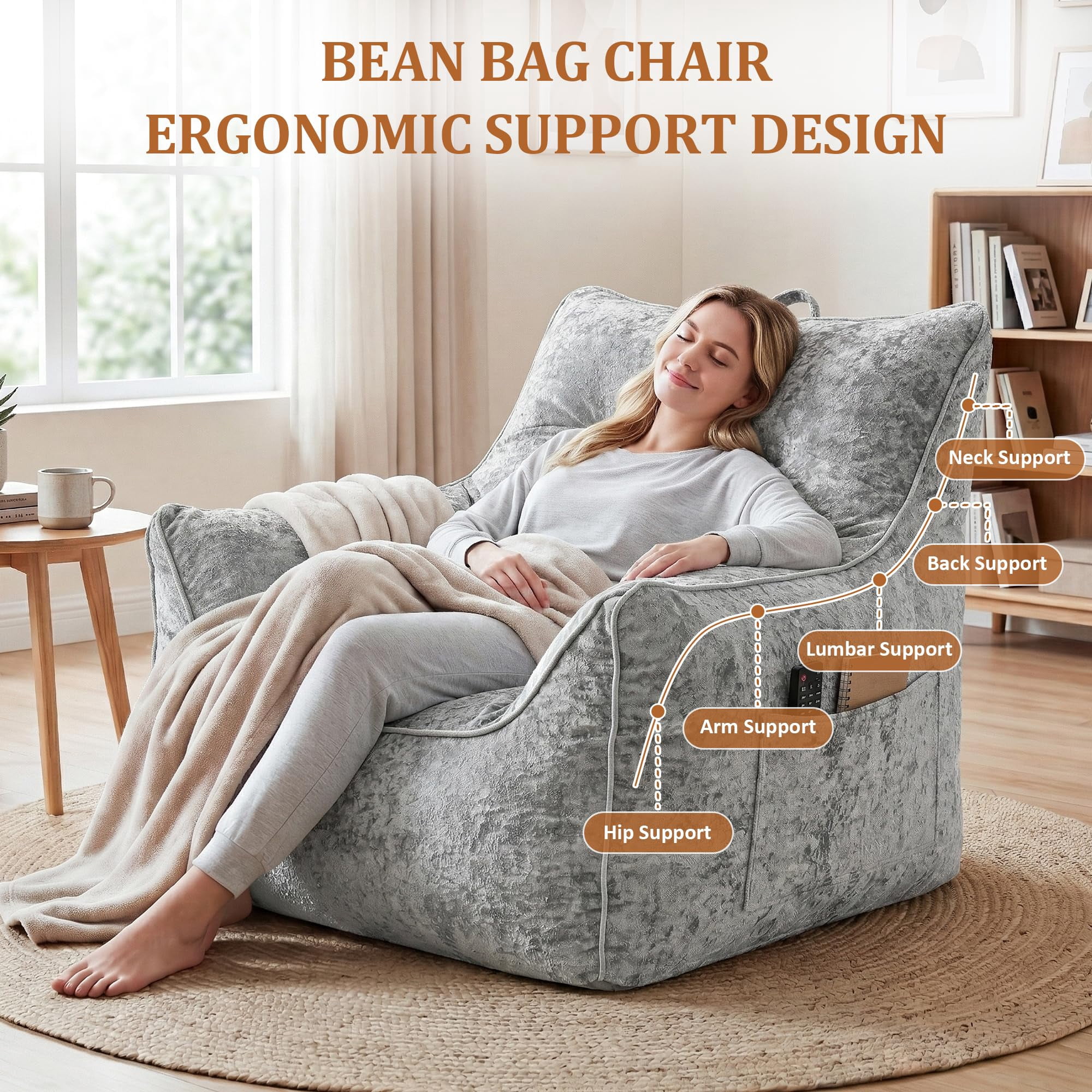 Danolapsi Bean Bag Chair, Comfy Bean Bag Sofa with Back Support, Soft Chenille Lazy Chair for Adults, Shredded Foam Couch Single Lounges for Apartments, Living Rooms, Bedrooms, Games, Reading