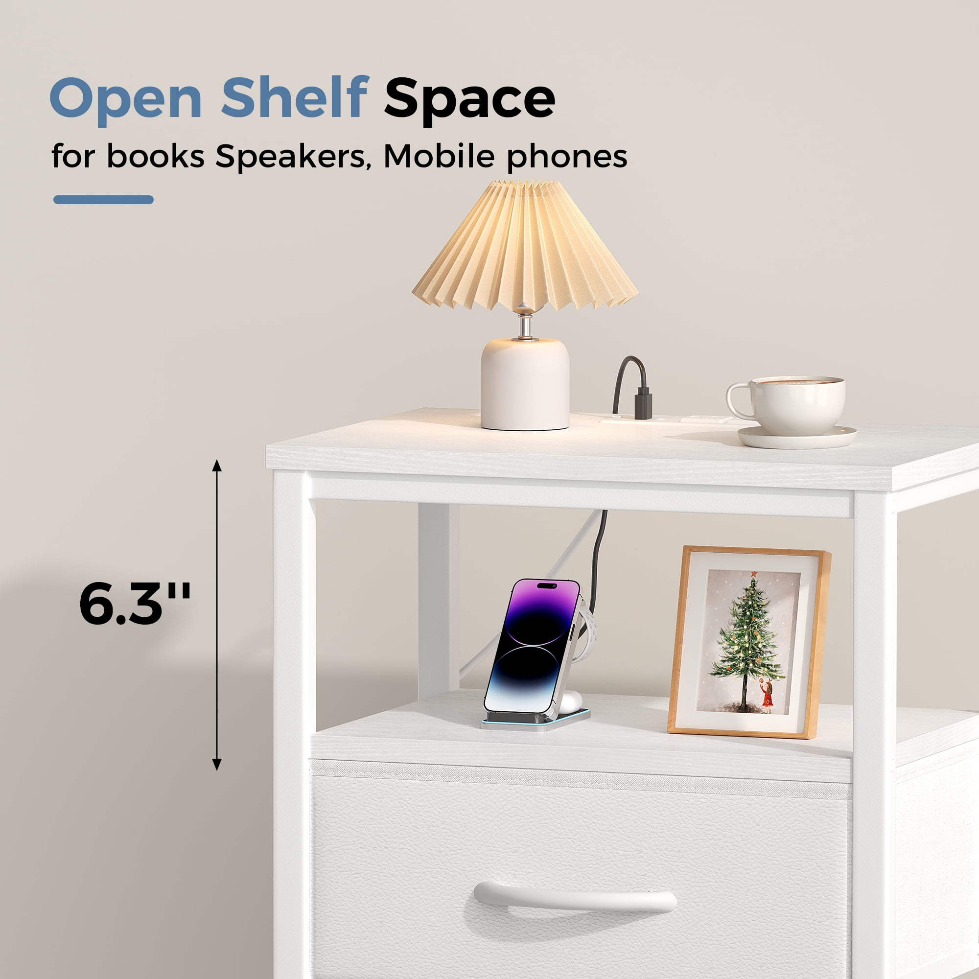 CONCETTA Set of 2 Small Night Stand with Charging Station, 1 Fabric Drawer, USB Ports and Outlets, Open Storage Shelf Bedside End Table for Bedroom, White