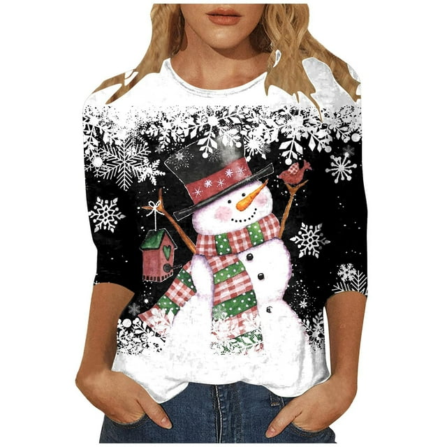 WEAIXIMIUNG T-Shirt de Noël Imprimé Col Rond Manches 3/4 Décontracté pour Femmes Saint-Valentin