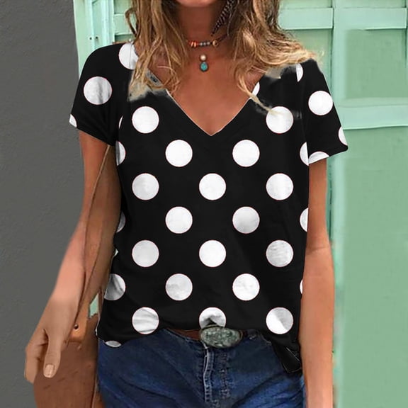 YHAJDS Women's T-shirts V Neck Short Sleeve Polka Print Casual Spring Summer Top