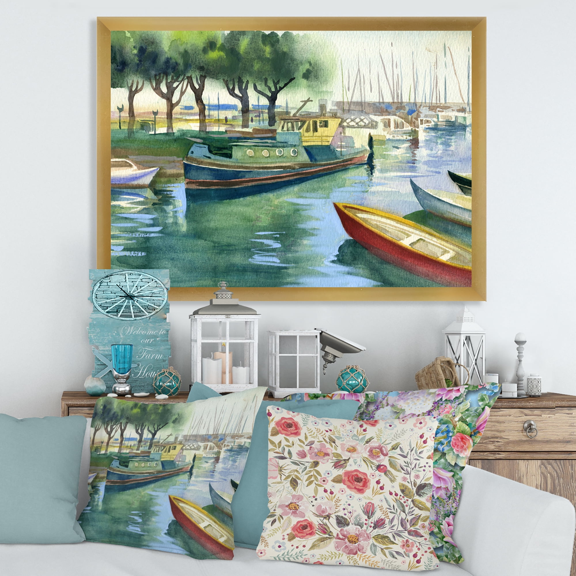 Designart 'Boats At The Lake in Green Spring' Traditional Framed Art Print