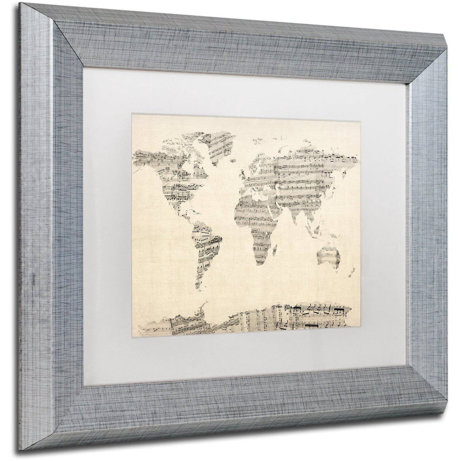 Trademark Fine Art "Old Sheet Music World Map" Canvas Art by Michael Tompsett White Matte, Silver Frame
