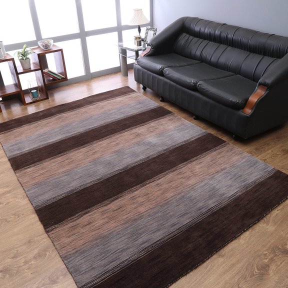 Rugsotic Carpets Hand Knotted Wool Area Rug 8'x10' Dark Brown Beige Contemporary Rectangle Indoor Rug for Living Room, Bedroom Antimicrobial L00206